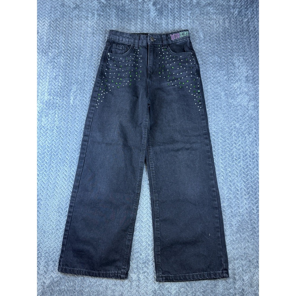 Wicked x Primark Rhinestone Wide Leg Jeans Girls Black Washed Denim - 9/10Y